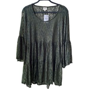 NWT 🫒 H.I.P. 2-Piece Set, Olive Green Sheer Lace Retro Peasant Top+Tank Top, 1X